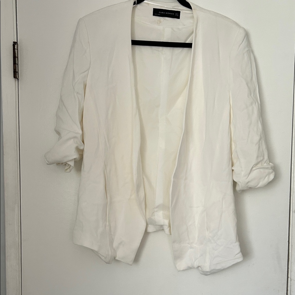 Zara Women's White Open Blazer Jacket 3/4 Ruched Sleeve Size M